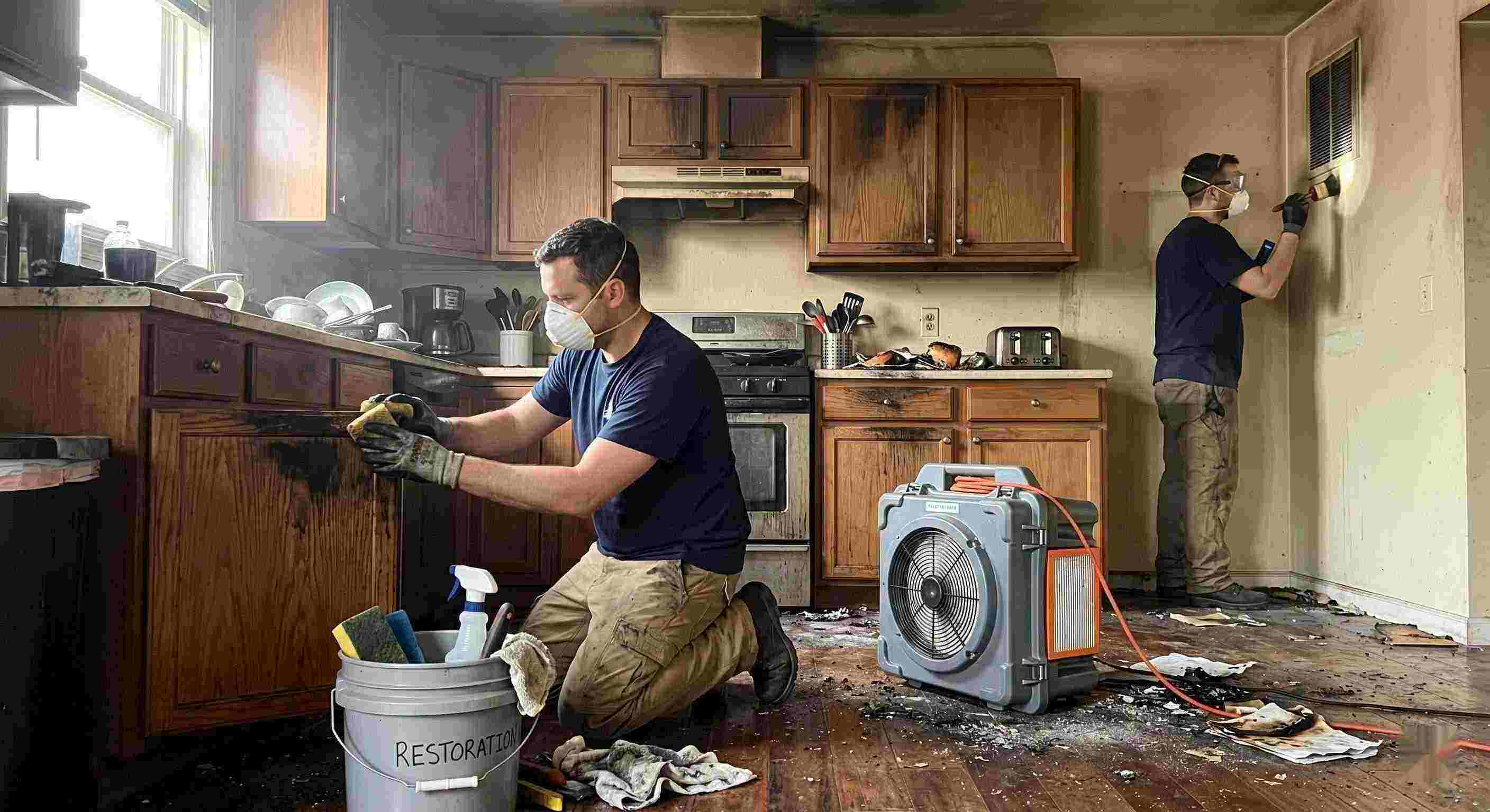 Technicians performing smoke damage removal in a home in Ann Arbor after a kitchen fire, cleaning soot and restoring indoor air quality.