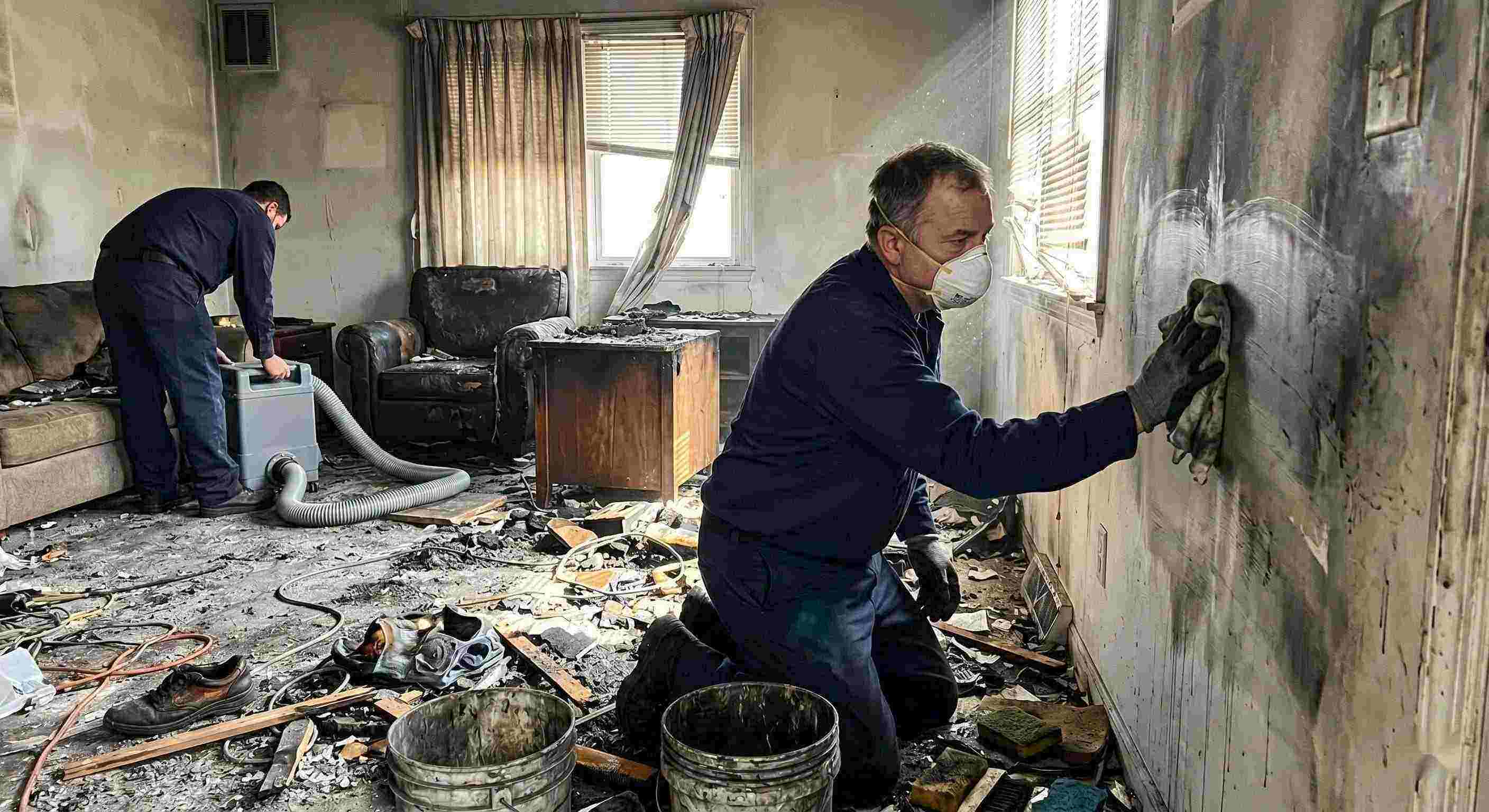 Technician performing soot removal in a fire-damaged home in Ann Arbor, carefully cleaning walls and surfaces covered in smoke residue and ash