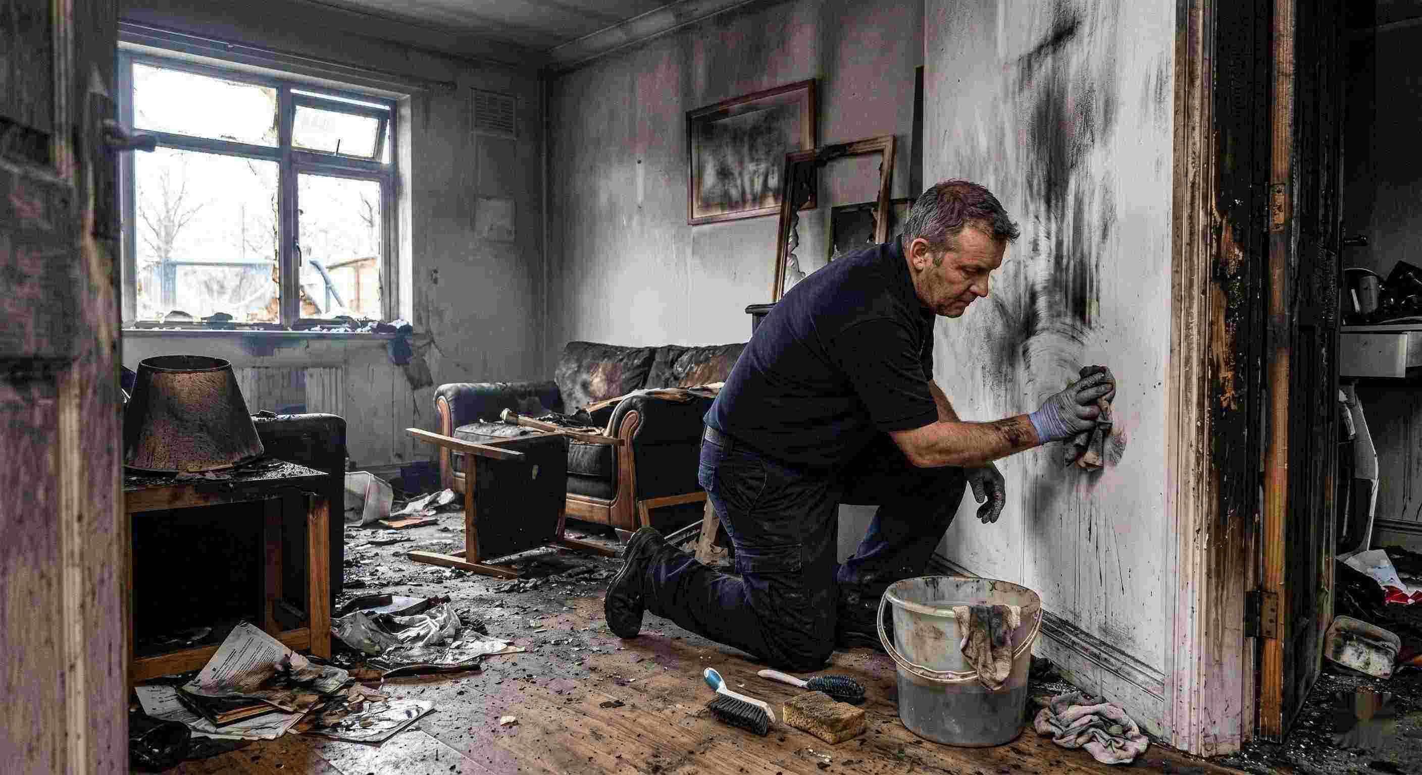 Technician performing soot removal in a fire-damaged home in Ann Arbor, restoring smoke-damaged walls and surfaces.