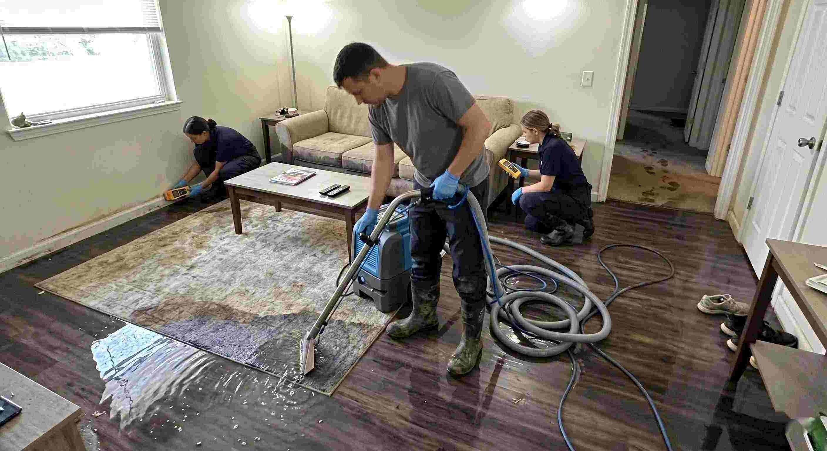 Local standing water extraction service removing pooled water inside a home in Dearborn