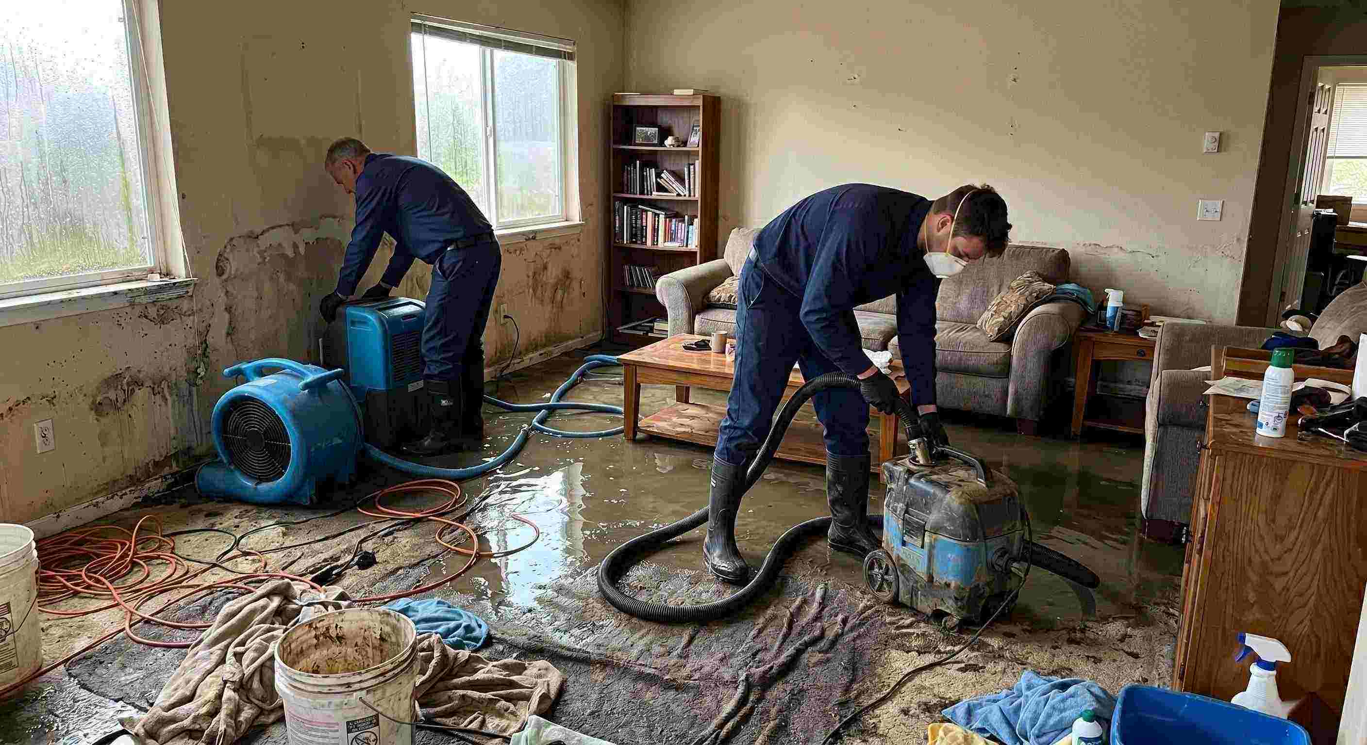 Storm water damage cleanup in a residential home showing technicians removing standing water and setting up drying equipment in Ann Arbor.