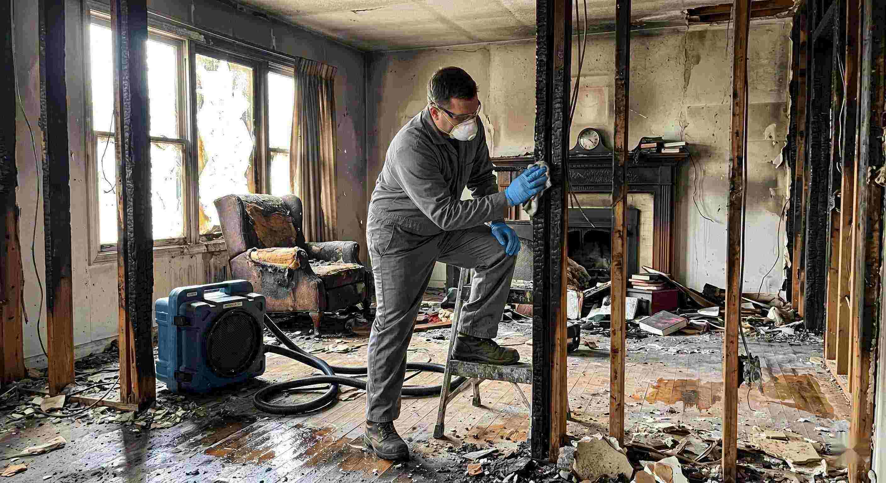 Fire damage structural cleaning after a residential fire in Ann Arbor showing soot-covered beams, charred walls, and a technician restoring the home.