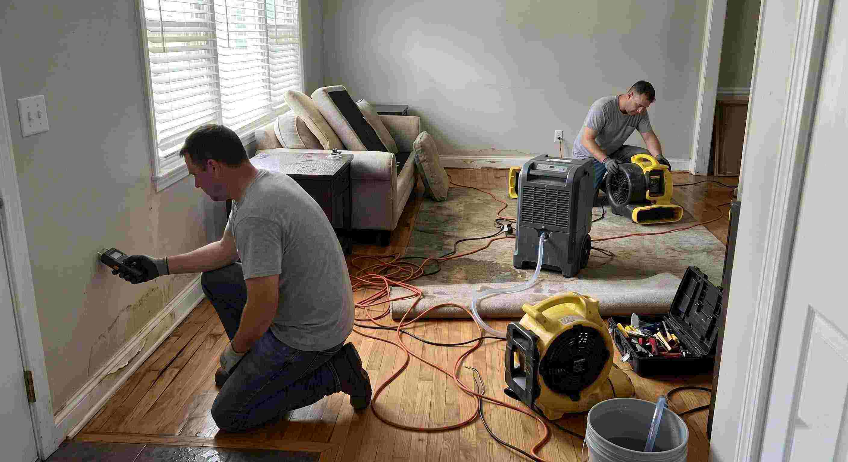Local structural drying and dehumidification equipment removing moisture inside a water damaged home in Dearborn