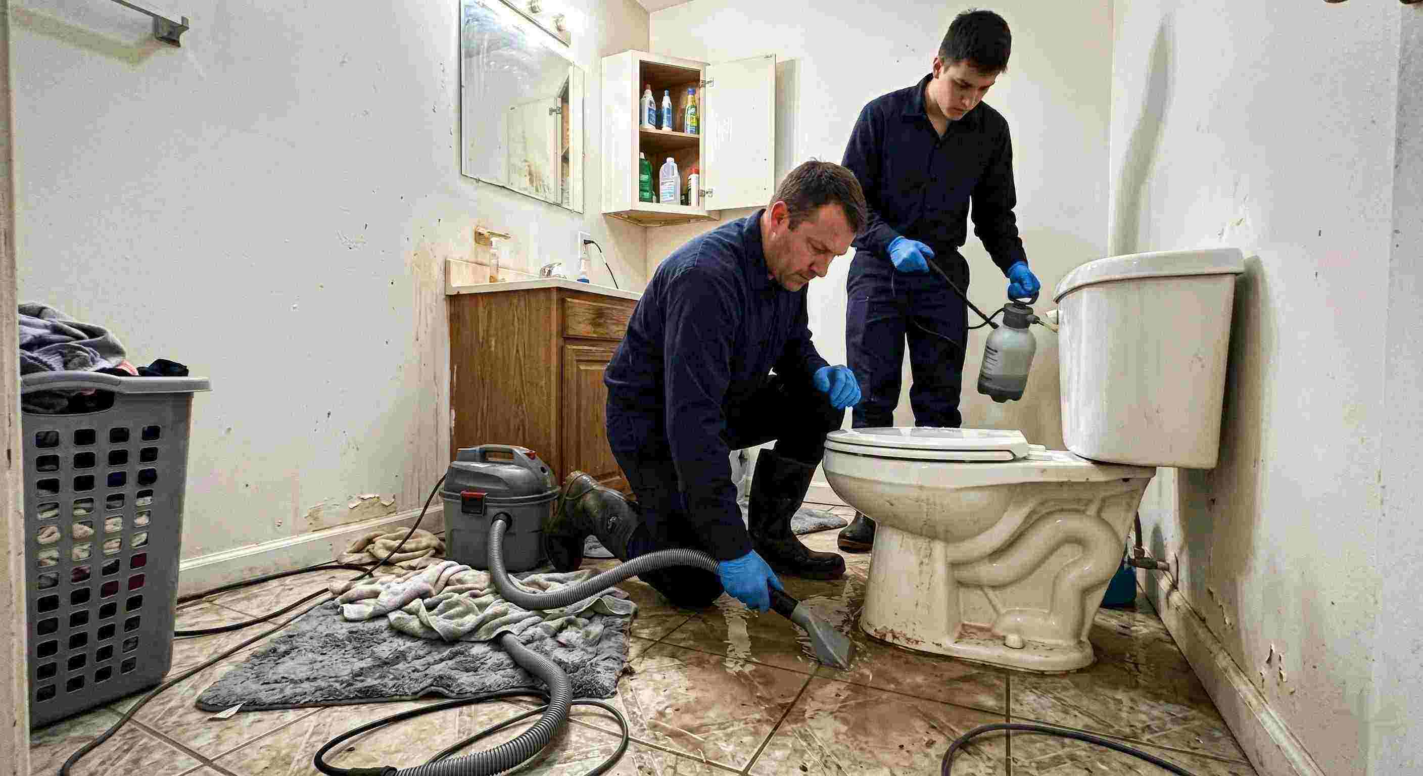 toilet overflow cleanup service in Ann Arbor with technicians extracting contaminated water from bathroom floor