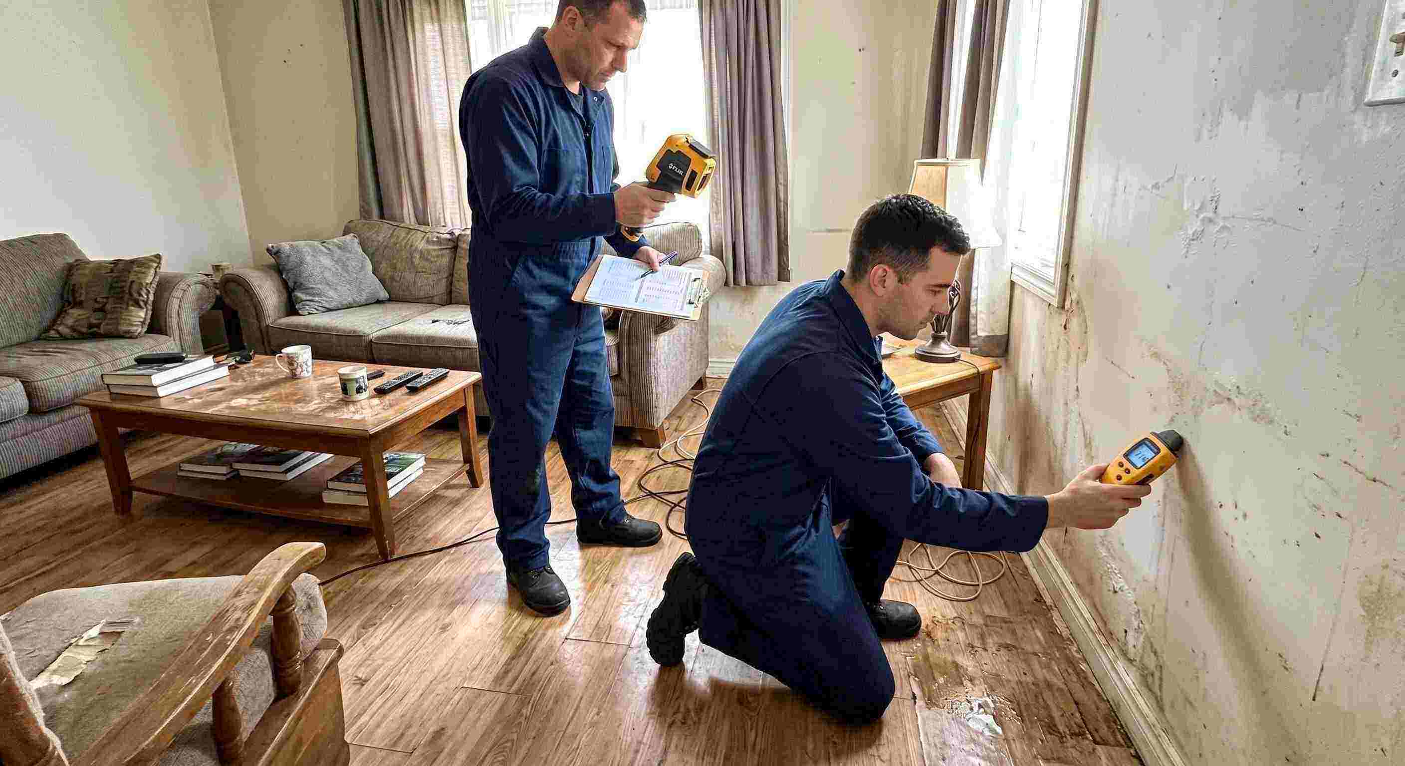 Fast water damage inspection technician using moisture meter and thermal imaging in Flint home