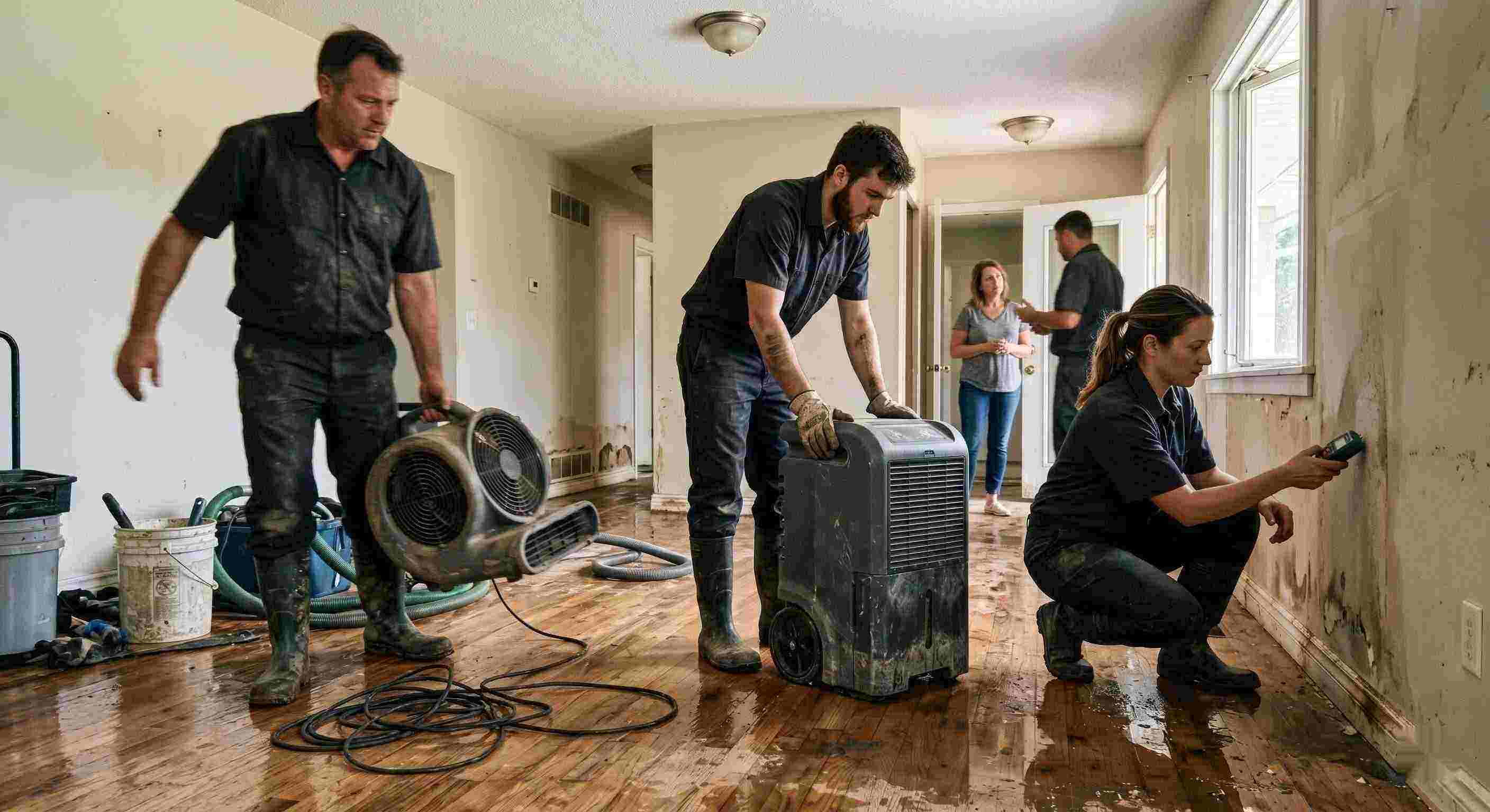 Fast trusted water damage restoration team in Flint using professional equipment for drying and inspection