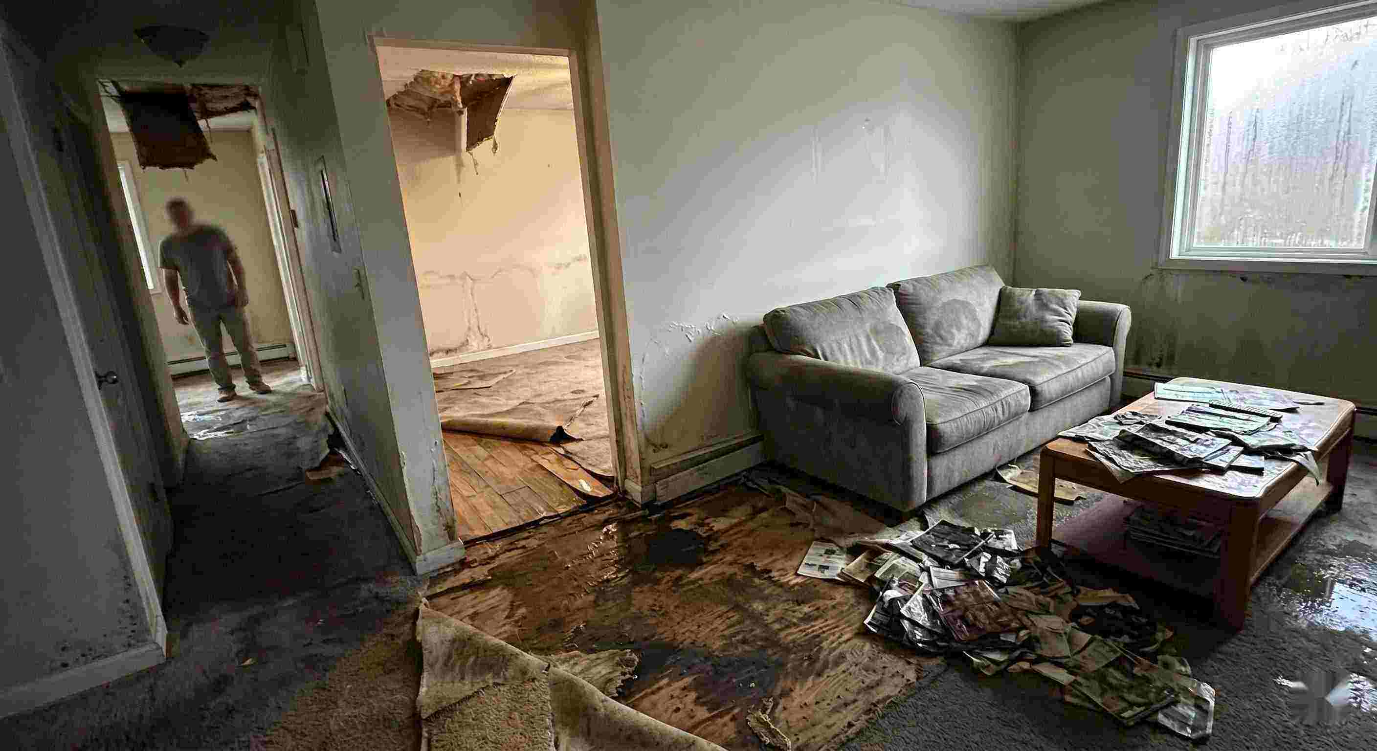 Expert severe indoor water damage in Flint home with soaked floors, peeling walls, and structural deterioration