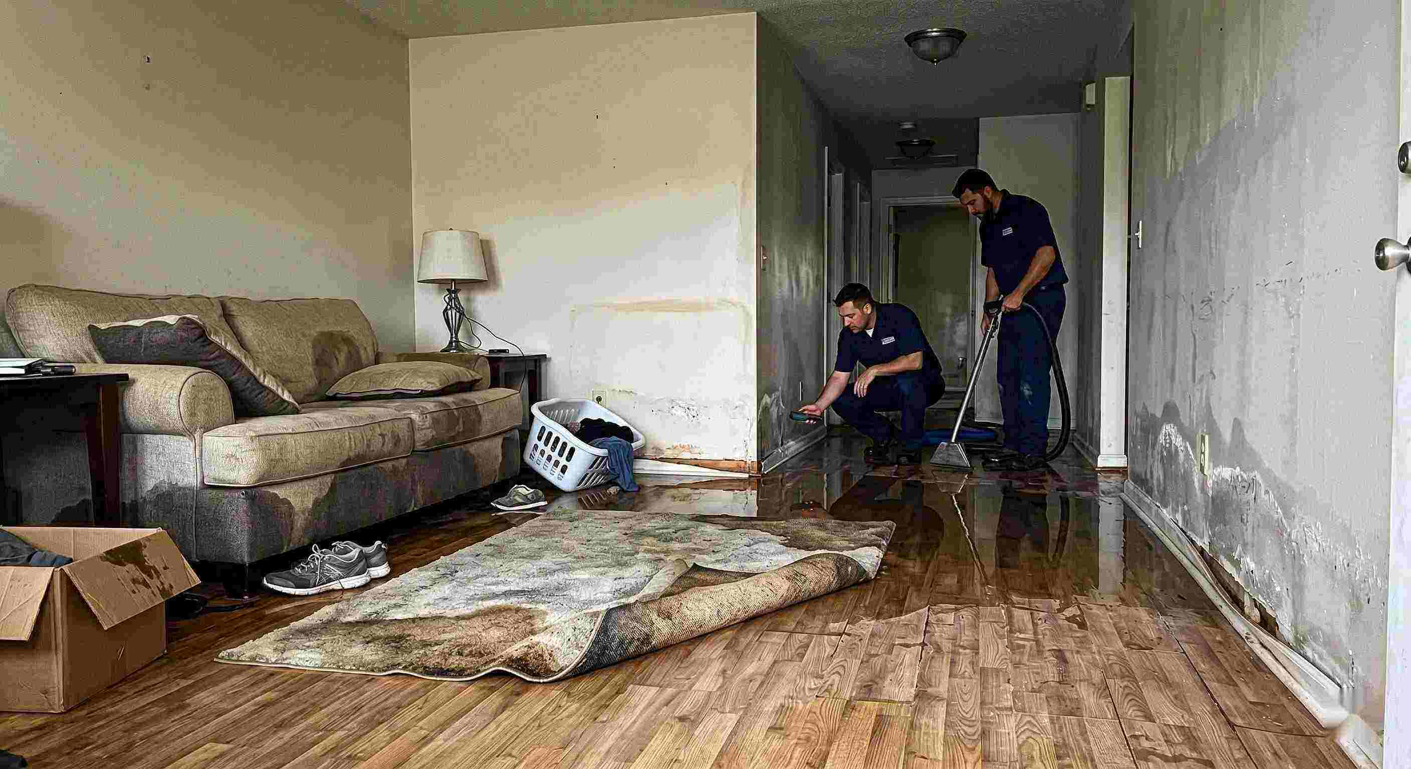 Expert water damage spreading across floors and walls inside a home in Dearborn showing soaked flooring and structural impact