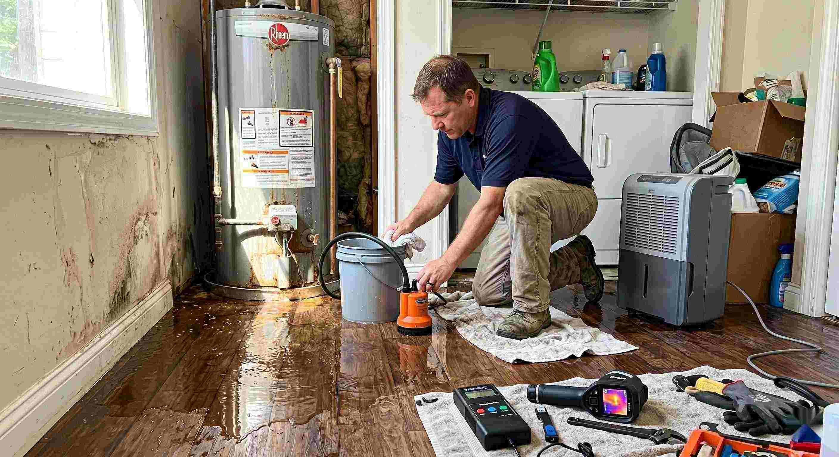 Technician performing water heater leak damage restoration in a home with water pooled on the floor and visible moisture damage in Ann Arbor