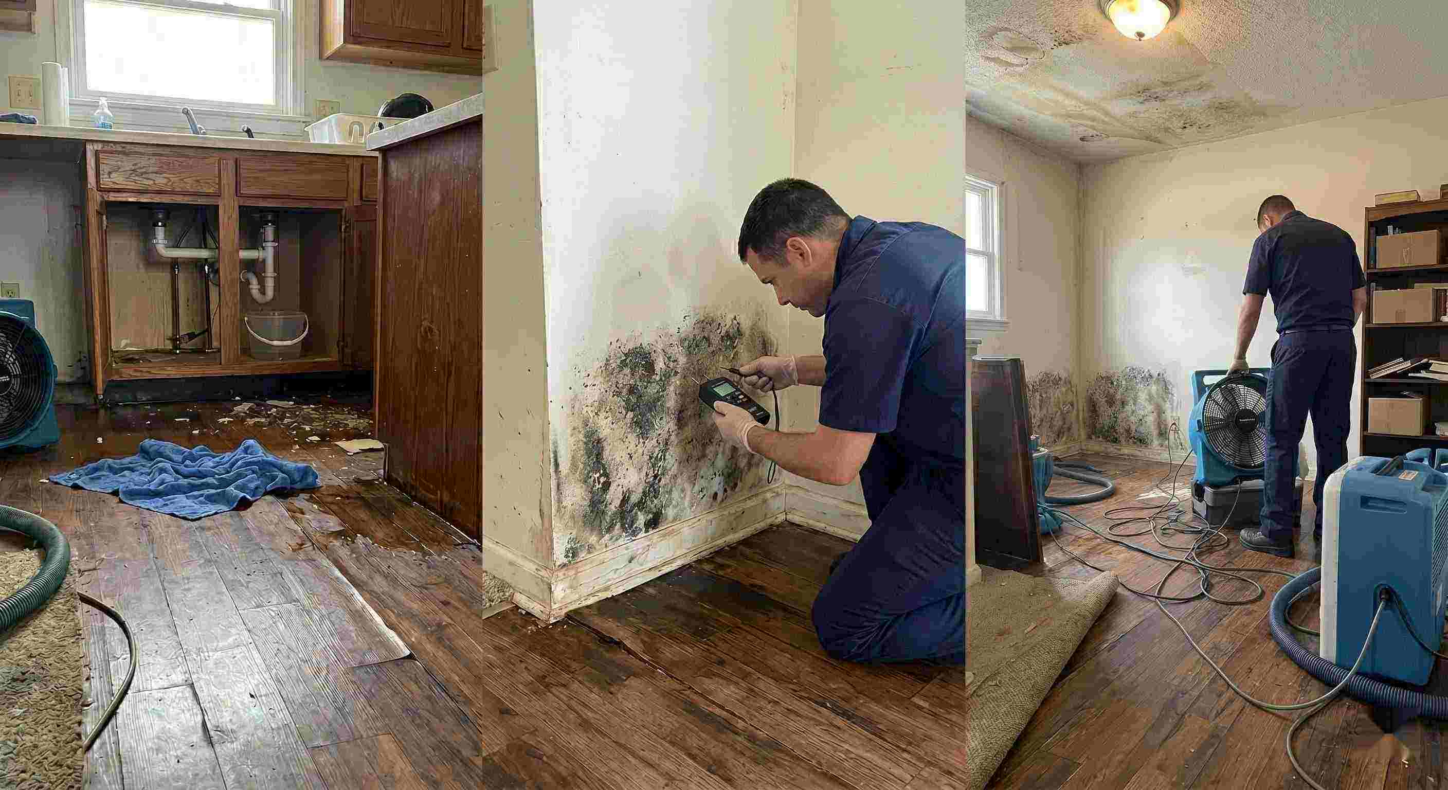 Realistic photo of water leak damage inside a home, showing pooled water, damp flooring, and technicians performing leak damage restoration in Ann Arbor.