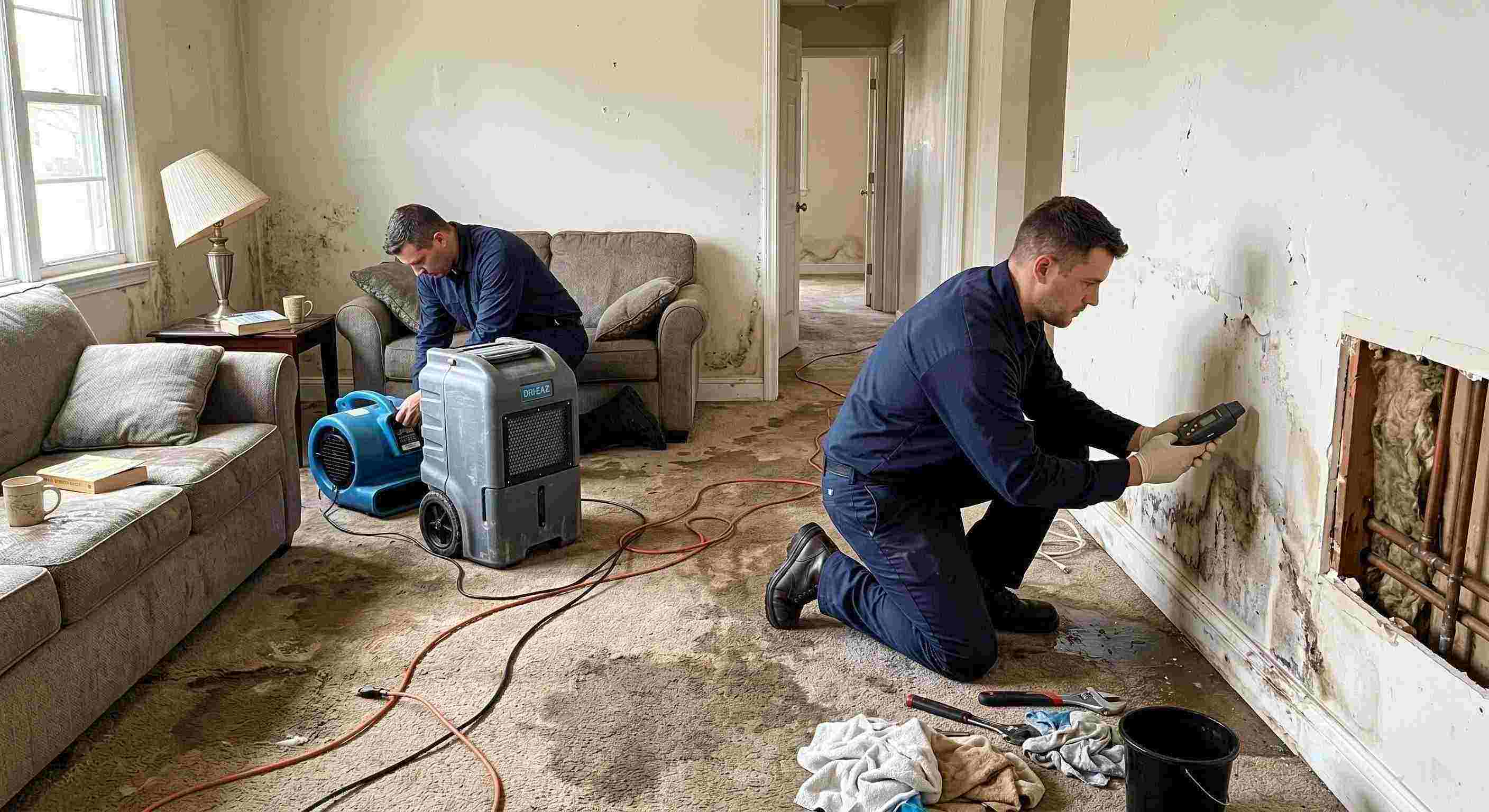Realistic water leak damage repair scene in a residential home showing technicians locating and repairing a hidden pipe leak in Ann Arbor.