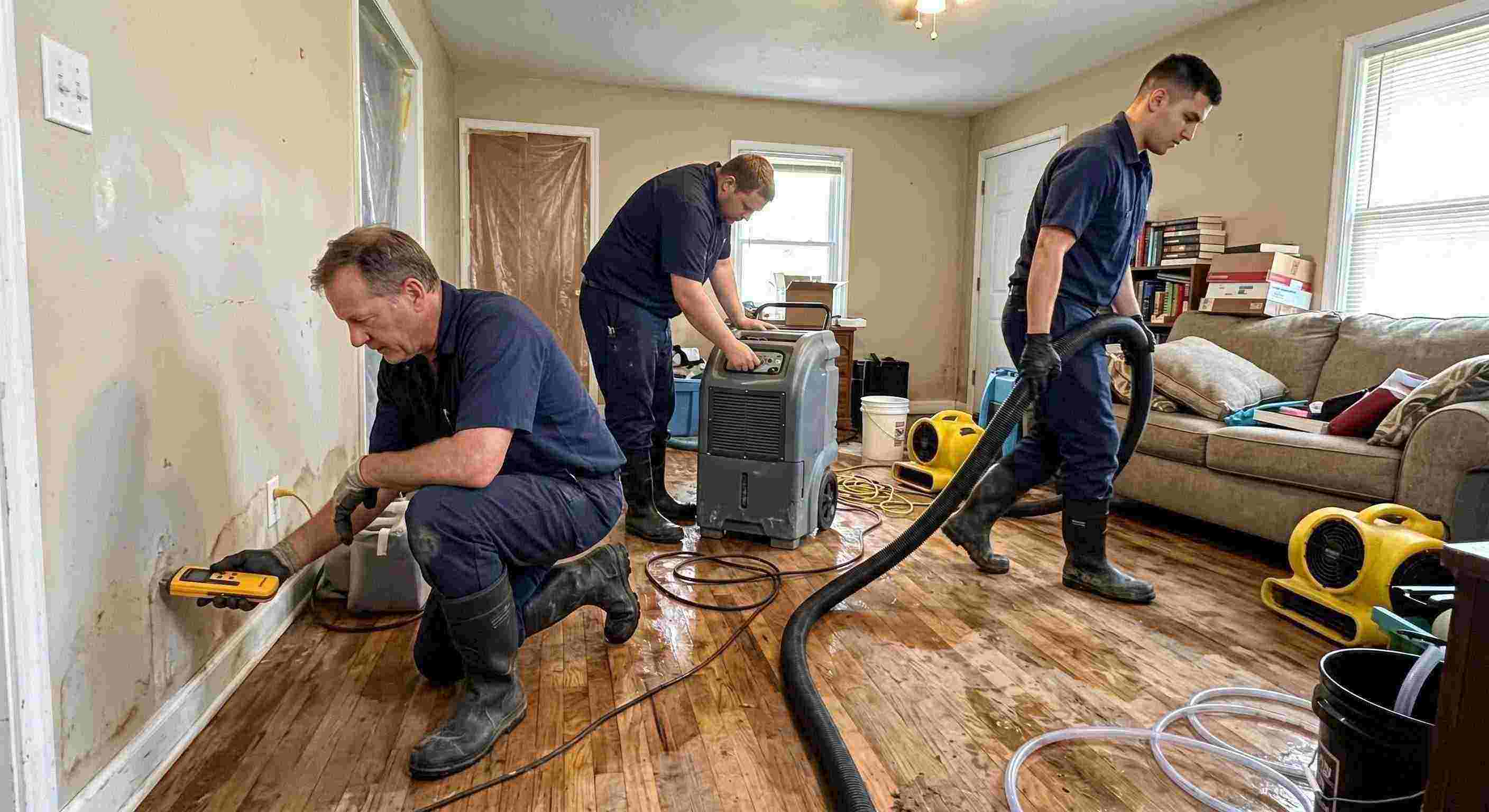 Fast water restoration experts team using professional equipment during water extraction in Dearborn