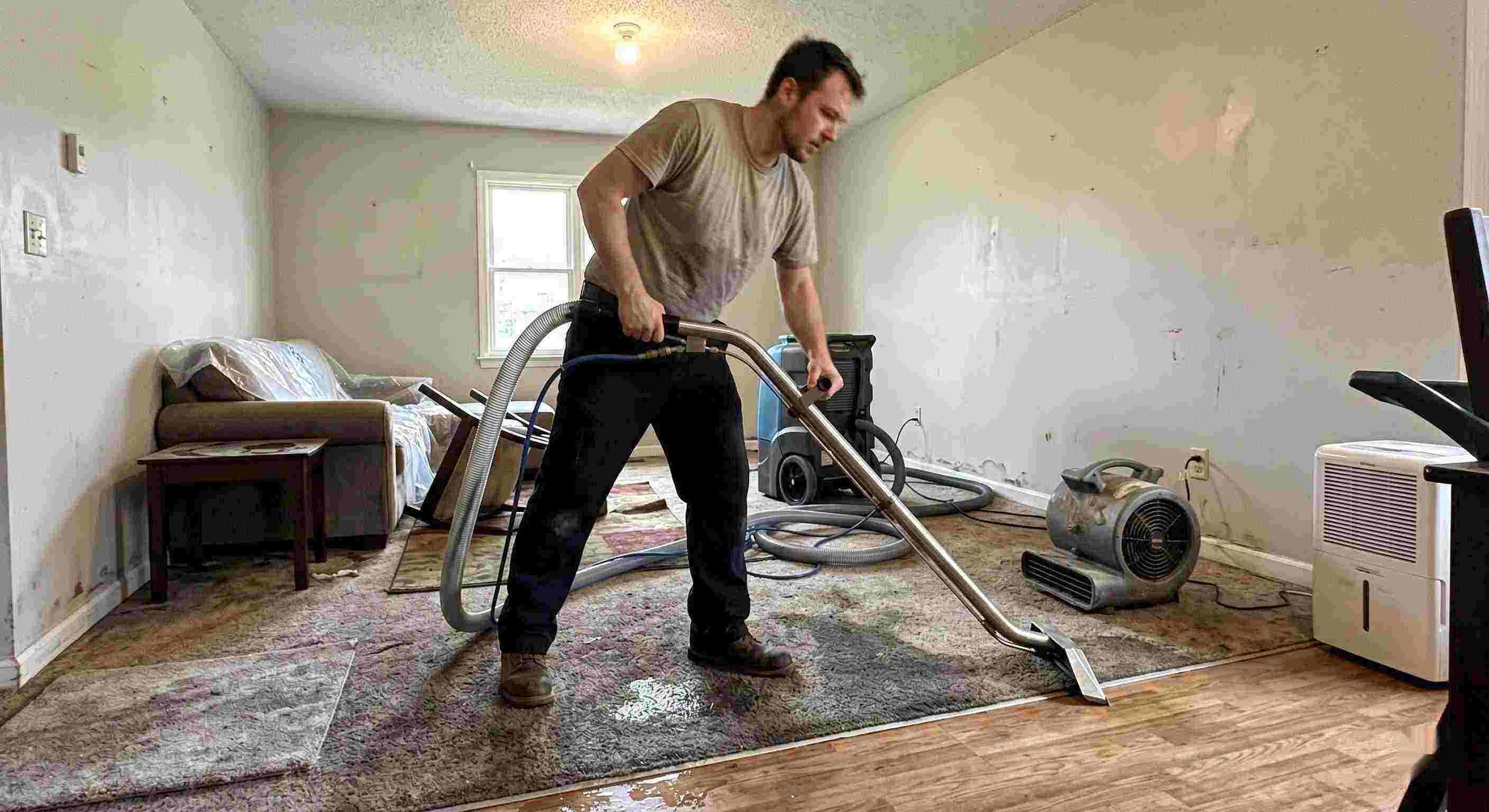 Fast water extraction technician removing water during restoration process in a residential home in Dearborn