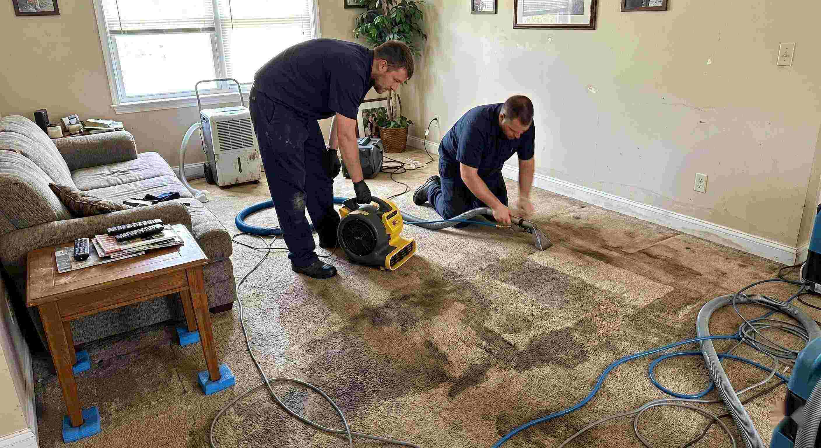 Top-rated wet carpet cleanup service in Dearborn removing moisture from soaked residential carpet using extraction and drying equipment