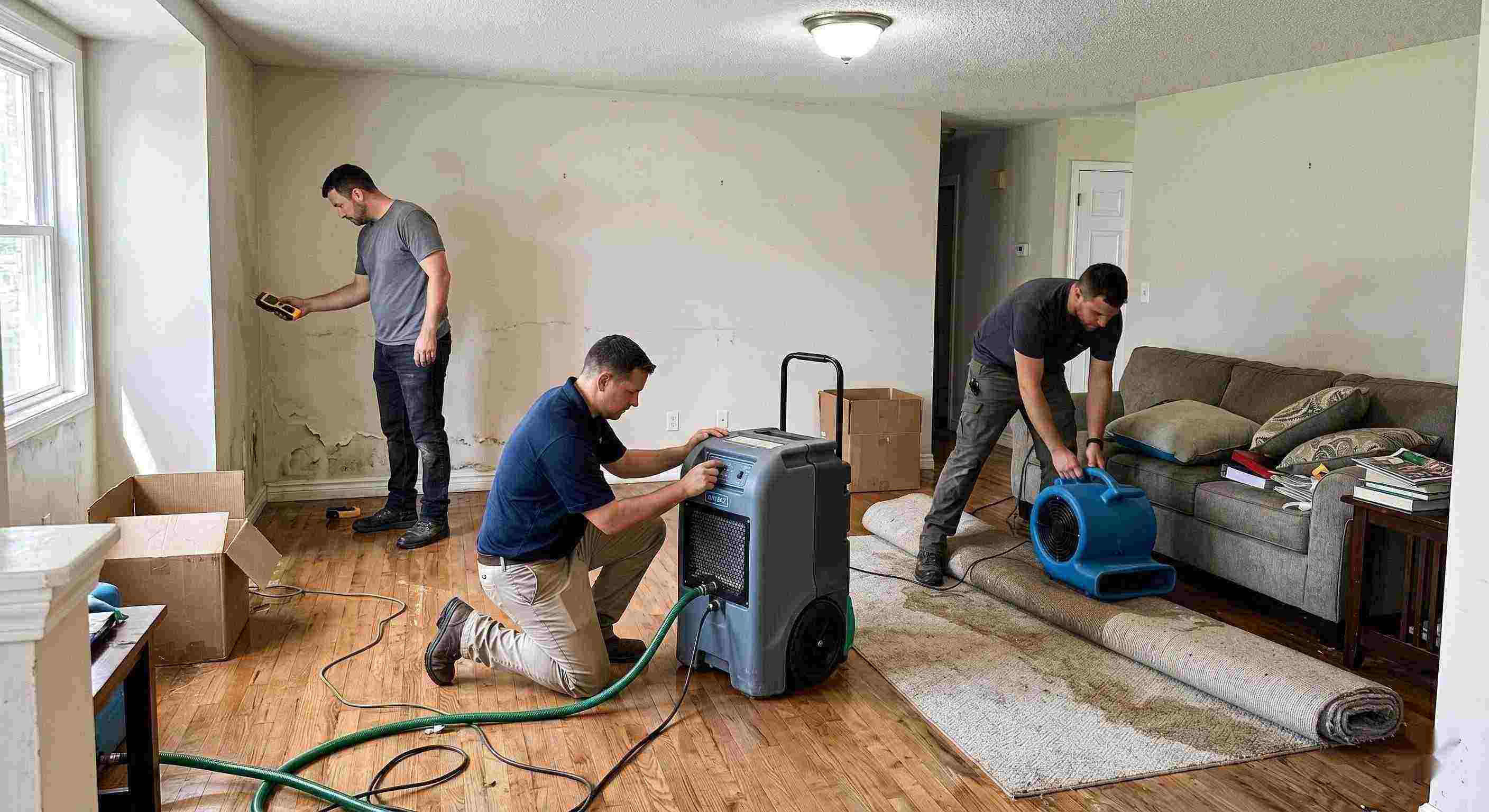 Local flood restoration team working in a water-damaged home, showing equipment and hands-on cleanup process in Ann Arbor