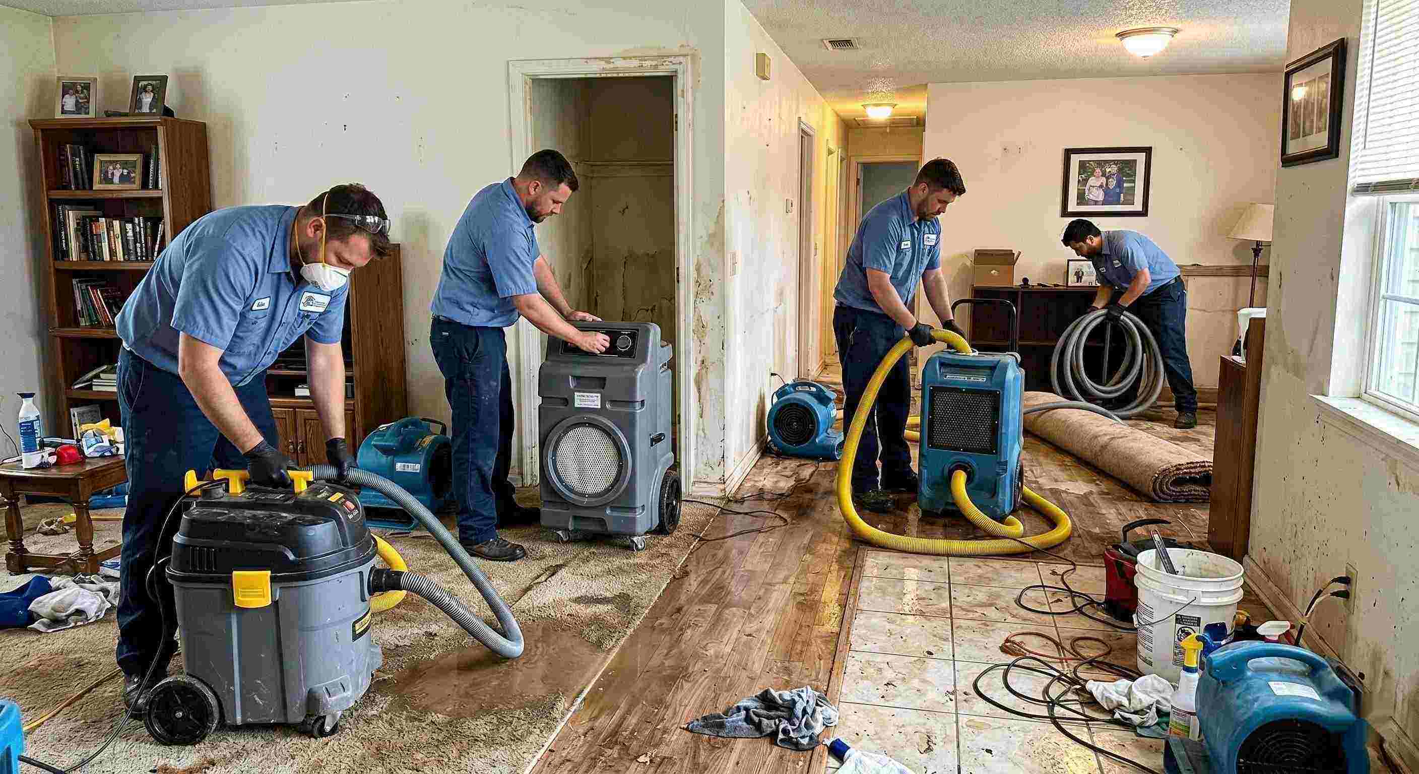 Realistic photo of sewage backup cleanup team using professional equipment in a home interior, showing trust, teamwork, and proper restoration techniques in Ann Arbor.